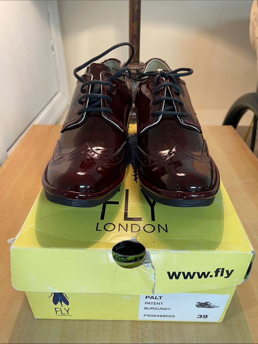 NIB, Fly London, Palt, Patent Leather, Derby Oxfords, Color:  Burgundy, Size: 39